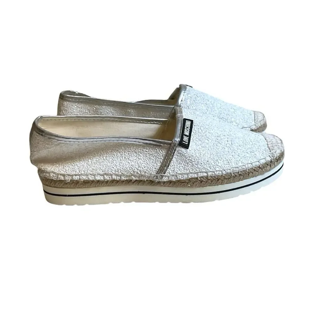 Love Moschino White Glitter Espadrille Platform Slip On Loafers Silver Women’s 6